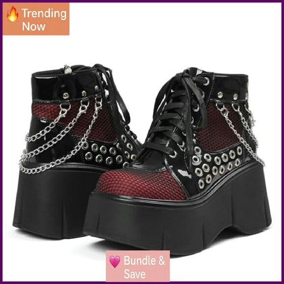 Platform Wedge Ankle Boots Lace Up Combat Booties Round Toe Mesh Chain - Picture 7 of 8